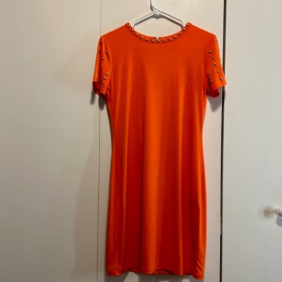Michael Kors Womens Orange Gold Studded Short Sleeve Mini Dress Size Small - Picture 5 of 12
